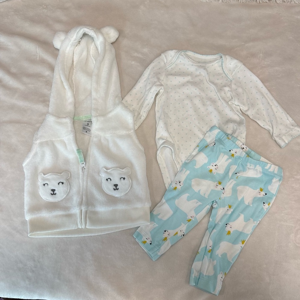 Carters three piece baby girl set 3 month vest with hood winter